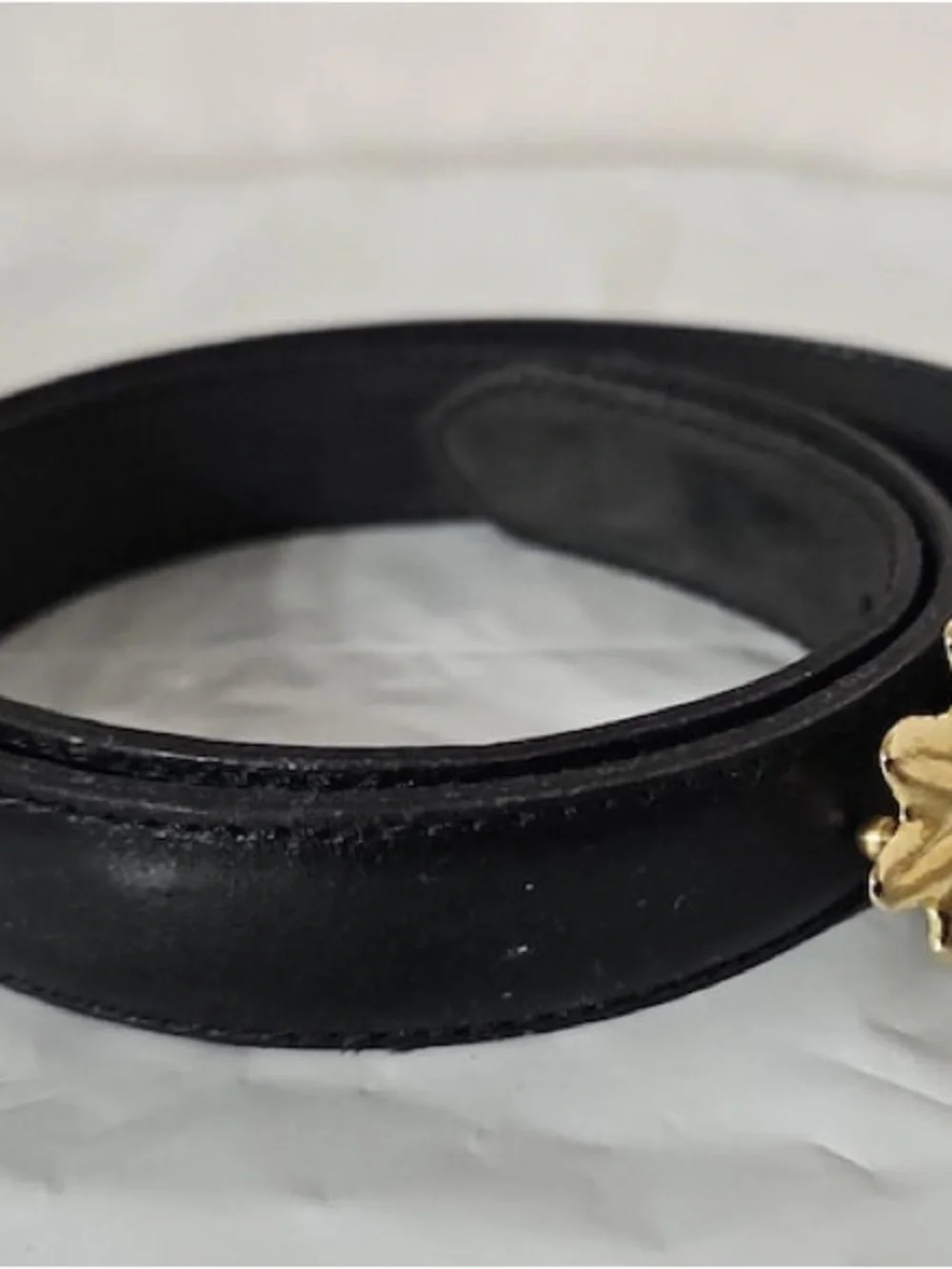 Vintage Ines de la Fressange ~Black Leather Belt with Golden Oak Leaf Buckle